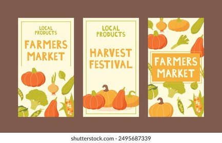 farmers market and harvest festival card. Set of flyers, templates for stories farmers market, local produce, harvest festival. Vector illustration