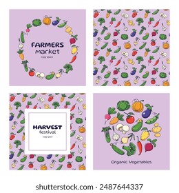 Farmers market, harvest festival templates, flyers set. Organic vegetables round frame. Autumn harvest round frame with vegetables. Vector illustration. Circle border, copy space, pattern