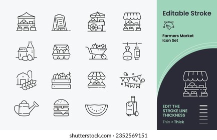 Farmer's Market Icon collection containing 16 editable stroke icons. Perfect for logos, stats and infographics. Edit the thickness of the line in any vector capable app.