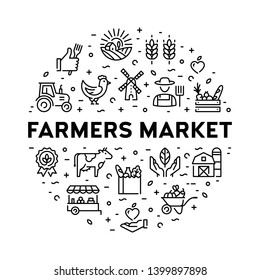 Farmers Market Icon Design Set. Vector Agriculture Logo Collection In Circle Form. Organic Farming Pictogram Illustration In Line Style. Eco, Bio, Natural Signs For Food Shop, Healthy Fresh Products