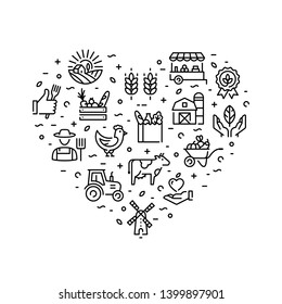 Farmers market icon design set. Vector agriculture logo collection in heart form. Organic farming pictogram illustration in line style. Eco, bio, natural signs for food shop, healthy fresh products