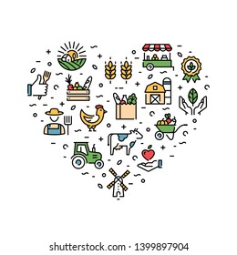 Farmers market icon design set. Organic farming pictogram illustration in line style. Vector agriculture logo collection in heart form. Eco, bio, natural signs for food shop, healthy fresh products