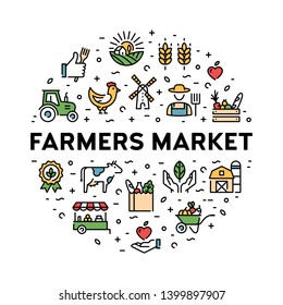 Farmers market icon design set. Organic farming pictogram illustration in line style. Vector agriculture logo collection in circle form. Eco, bio, natural signs for food shop, healthy fresh products