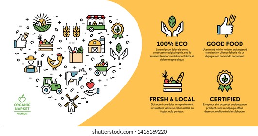 Farmers Market Icon Illustration. Vector Local Farm Banner With Place For Text. Agriculture Background Design. Eco, Natural, Certified Logo Signs For Organic Farming, Food Shop, Healthy Fresh Products