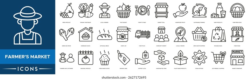 Farmer's Market icon set. Fresh Produce, Organic Vegetables, Local Farmers, Fruit Basket, Farm-to-Table, Market Stall and Handpicked Fruits