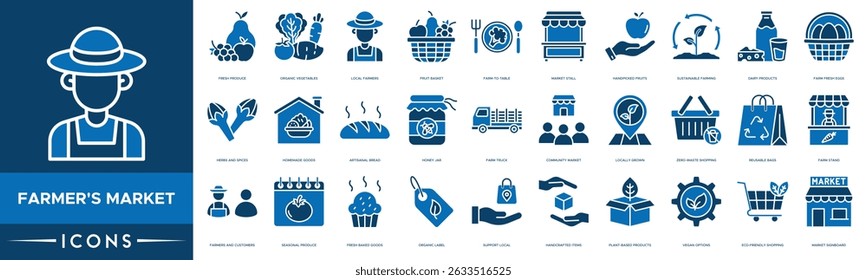 Farmer's Market icon set. Fresh Produce, Organic Vegetables, Local Farmers, Fruit Basket, Farm-to-Table, Market Stall and Handpicked Fruits