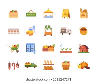 Bauernmarkt Icons Set. Bunte Schilder mit Bio-Bauernprodukten, Gemüseständen und Körben. Gestaltungselement für App oder Website. Flache Vektorgrafik-Kollektion einzeln auf weißem Hintergrund