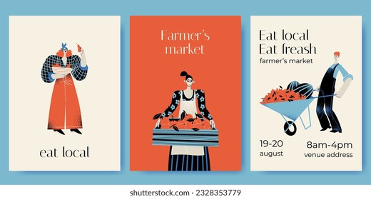 Farmers market invitation card set with funny characters in flat style. Man and women with fruits. Eat local concept