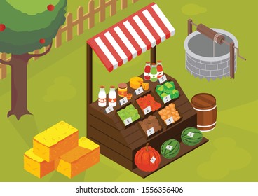 Farmers market isometric composition with outdoor view of wooden market stall with self-made farm products vector illustration