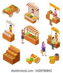 Farmers market isometric. People sell and buy traditional meal, vegetables and fruit on food marketplace with stalls 3d vector set. Marketplace and local store, market with fruit illustration