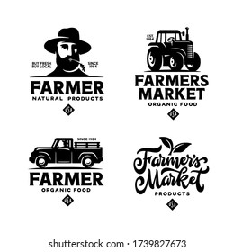 Farmers market labels emblems badges set. Farm related signs collection. Monochrome design elements for logotype advertising branding purposes. Vector vintage illustration.