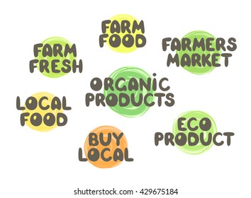 Farmers market labels set. Suitable for ads, signboards, packaging, badges, stickers, stamps, icons. Buy local food. Farm fresh product. Organic eco product.  