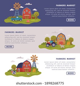 Farmers Market Landing Page Templates Set, Farm Scenes with Agricultural Buildings Website Interface, Agriculture, Gardening and Farming Concept