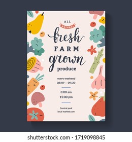 Farmers market lettering poster, calligraphy placard for agricultural fair with illustrations of fruit and vegetables, vector layout, pastel color design, announcement ad for farm marketplace