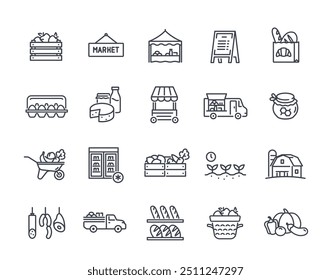 Farmers Market line Icons set. Simple symbols with vegetable counters, shelves and baskets of products. Editable stroke. Outline vector illustration collection isolated on white background