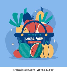 Farmers Market and Local Farm. Basket with vegetables vector illustration