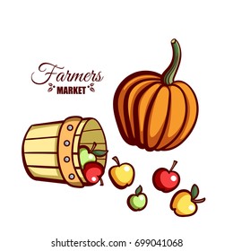 Farmers market. Local food. Basket of fresh apples and pumpkin isolated on white background. Hand drawn vector illustration