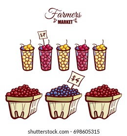 Farmers market. Local food. Baskets and glasses of various ripe berries isolated on white background. Hand drawn vector illustration