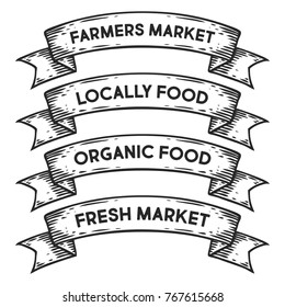 Farmers market, locally food, organic food, fresh market badge emblem ribbon. Monochrome set vintage engraving sign isolated. Sketch hand drawn illustration retro style.