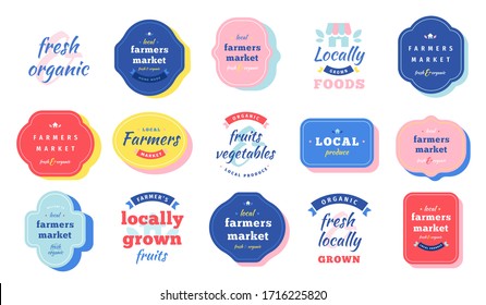 Farmers Market Logo Collection, Label Logotype Templates For Local Food Fair Isolated Badges, Bundle Of Typography Compositions With Script Font, Organic Locally Grown Fruits, Vegetables Market