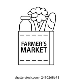 Farmers market logo. Paper bag outline icon with eco vegetables, bread and milk. Grocery badge. Vector illustration