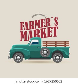 Farmers market logo with retro truck and typography vector illustration. Old truck side view. Fall season eco fresh products vegetables and fruits delivery for farm market poster or banner.