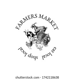 Farmers market logo template with cow, goat, turkey, rabbit, goose and chicken. Hand drawn vector illustration in retro style.