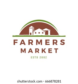 Farmers market logo template vector illustration. Farmer logotype or badge design. Trendy retro style farm barn silhouette.