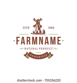 Farmers market logo template vector illustration. Farmer logotype or badge design. Trendy retro style farm mill silhouette.