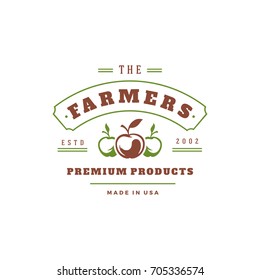 Farmers market logo template vector illustration. Farmer logotype or badge design. Trendy retro style farm natural organic products apples silhouette.