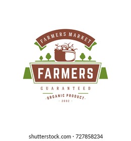 Farmers market logo template vector illustration. Farmer logotype or badge design. Trendy retro style farm natural organic products food silhouette.