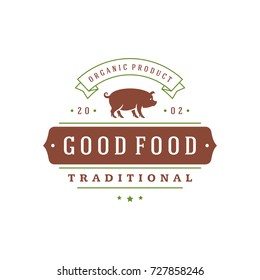 Farmers market logo template vector illustration. Farmer logotype or badge design. Trendy retro style pig silhouette.