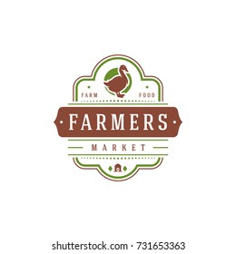 Farmers market logo template vector illustration. Farmer logotype or badge design. Trendy retro style goose silhouette.