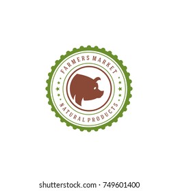 Farmers market logo template vector illustration. Farmer logotype or badge design. Trendy retro style pig head silhouette.