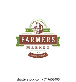 Farmers market logo template vector illustration. Farmer logotype or badge design. Trendy retro style farm natural organic products food silhouette.