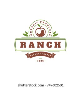 Farmers Market Logo Template Vector Illustration. Farmer Logotype Or Badge Design. Trendy Retro Style Farm Natural Organic Products Apple Silhouette.