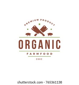 Farmers market logo template vector illustration. Farmer logotype or badge design. Trendy retro style pig head silhouette.