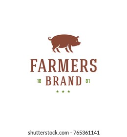 Farmers market logo template vector illustration. Farmer logotype or badge design. Trendy retro style pig silhouette.