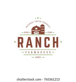 Farmers market logo template vector illustration. Farmer logotype or badge design. Trendy retro style farm barn silhouette.