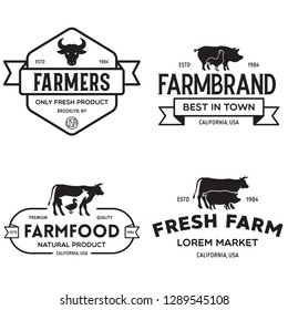 Farmers market logo templates stamps labels badges set. Trendy retro style logotypes, farm natural organic products food, animals, beef, goat, hen and pig silhouettes. Vintage.