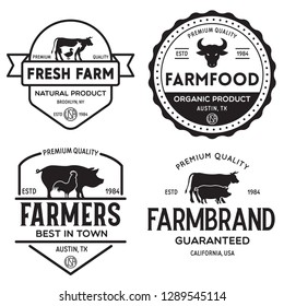 Farmers market logo templates stamps labels badges set. Trendy retro style logotypes, farm natural organic products food, animals, beef, goat, hen and pig silhouettes. Vintage.