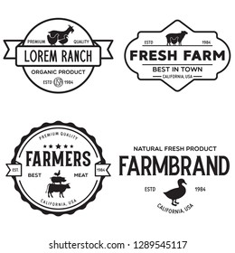 Farmers market logo templates stamps labels badges set. Trendy retro style logotypes, farm natural organic products food, animals, beef, goat, hen and pig silhouettes. Vintage.