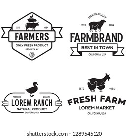Farmers market logo templates stamps labels badges set. Trendy retro style logotypes, farm natural organic products food, animals, beef, goat, hen and pig silhouettes. Vintage.