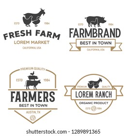 Farmers market logo templates stamps labels badges set. Trendy retro style logotypes, farm natural organic products food, animals, beef, goat, hen and pig silhouettes. Vintage.