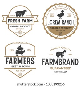 Farmers market logo templates stamps labels badges set. Trendy retro style logotypes, farm natural organic products food, animals, beef, goat, hen and pig silhouettes. Vintage.