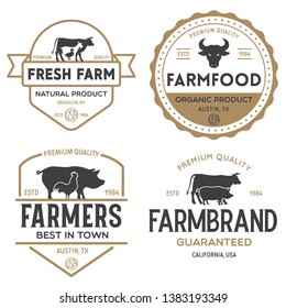 Farmers market logo templates stamps labels badges set. Trendy retro style logotypes, farm natural organic products food, animals, beef, goat, hen and pig silhouettes. Vintage.