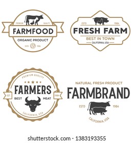 Farmers market logo templates stamps labels badges set. Trendy retro style logotypes, farm natural organic products food, animals, beef, goat, hen and pig silhouettes. Vintage.