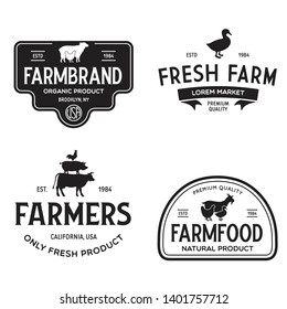 Farmers market logo templates stamps labels badges set. Trendy retro style logotypes, farm natural organic products food, animals, beef, goat, hen and pig silhouettes. Vintage.