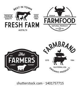Farmers market logo templates stamps labels badges set. Trendy retro style logotypes, farm natural organic products food, animals, beef, goat, hen and pig silhouettes. Vintage.