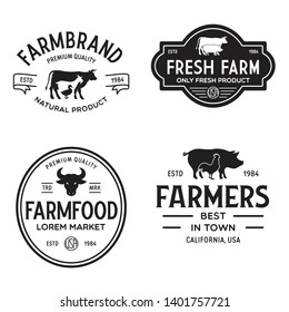 Farmers market logo templates stamps labels badges set. Trendy retro style logotypes, farm natural organic products food, animals, beef, goat, hen and pig silhouettes. Vintage.